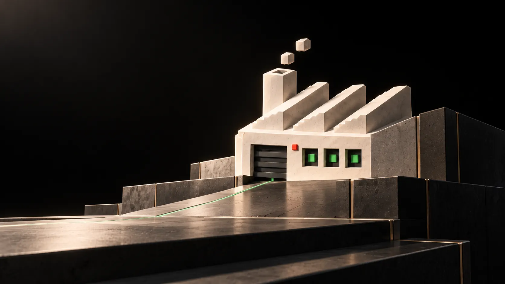The AutoCorp factory mark as a stone monument on a black plinth; a single green route runs into its loading door.
