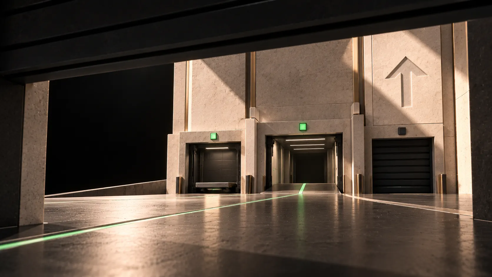 Inside the chassis: three loading bays, two lit green and one still dark, with the green route leading into the centre bay.