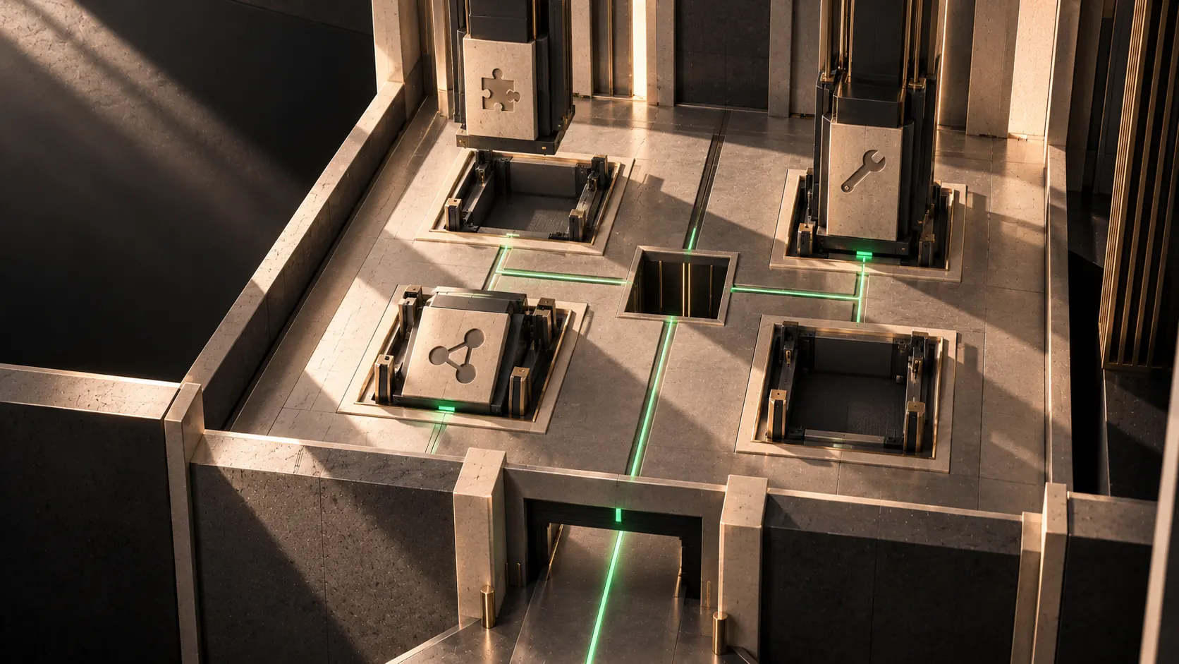 A tooling hall seen from above: capability cartridges marked with a puzzle piece, a wrench and a network seat into square sockets around a central opening.
