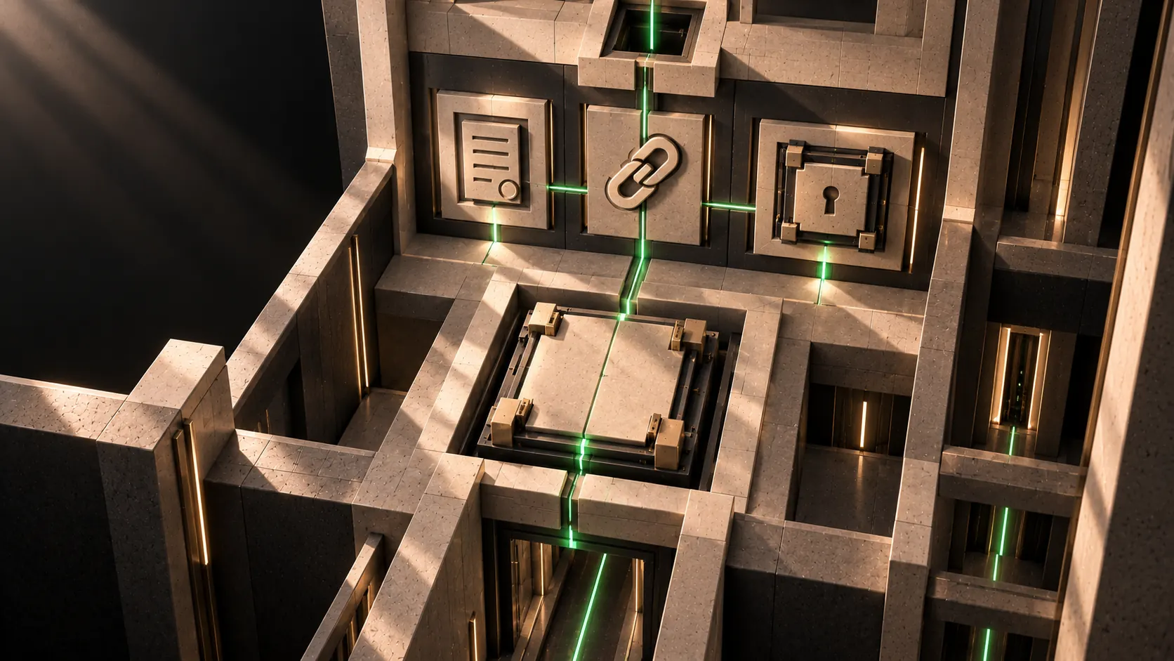 Secure infrastructure: stone panels carved with a document seal, a chain link and a vault lock, joined by green traces above a sealed hatch.