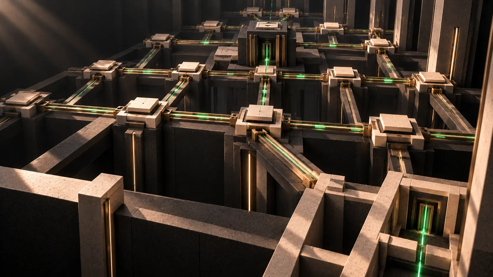 A wide hall of company nodes linked by brass bus rails, green signals travelling between them toward a far central block.