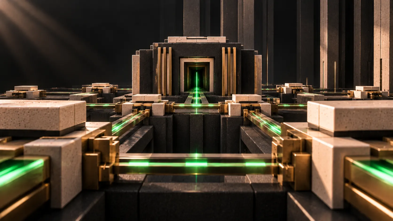 Every bus converges on one square CPU aperture, a green line running down its centre into the die.