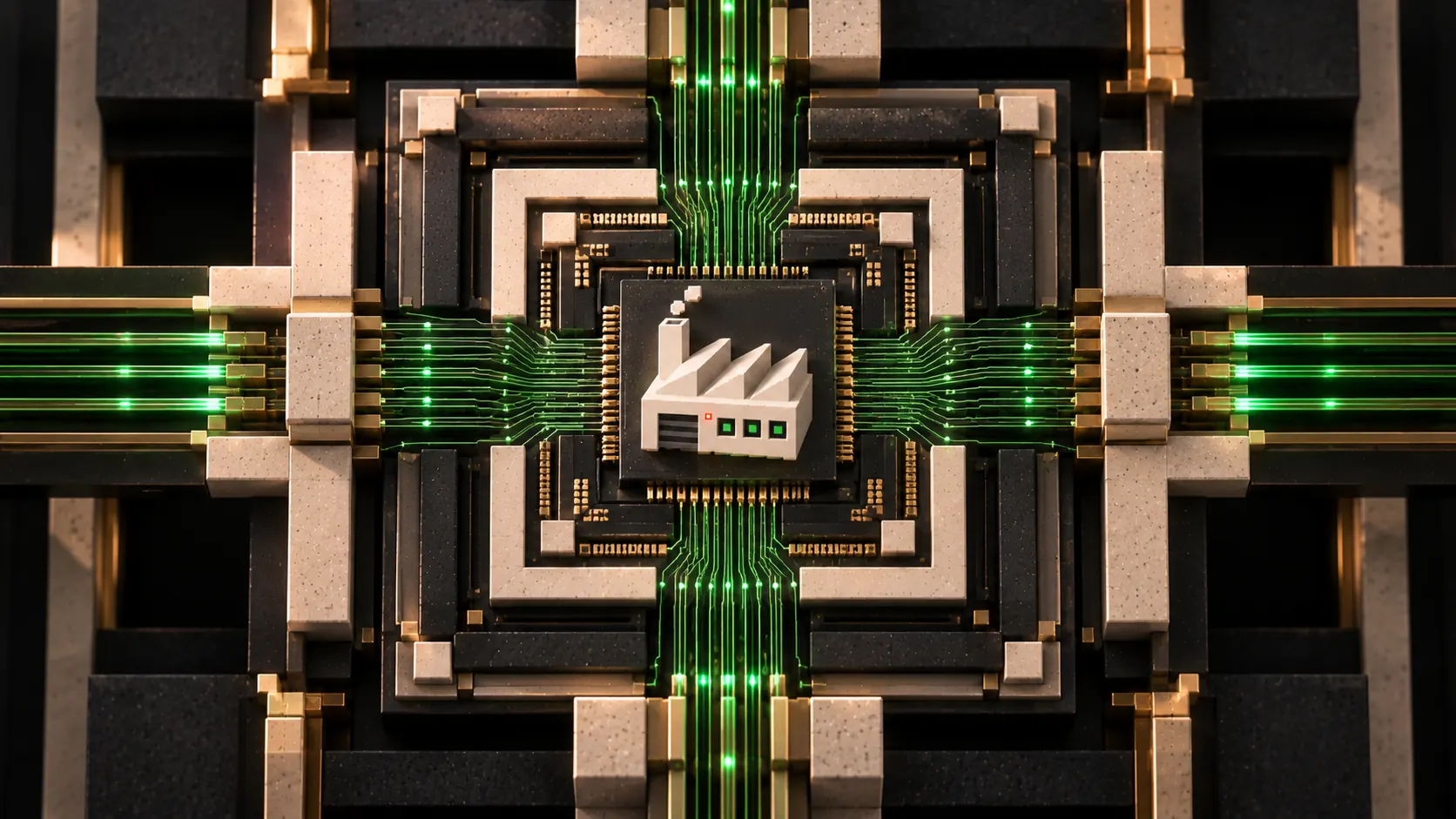 Top-down view of the CPU die: green traces from four sides converge on the AutoCorp factory mark at its centre.